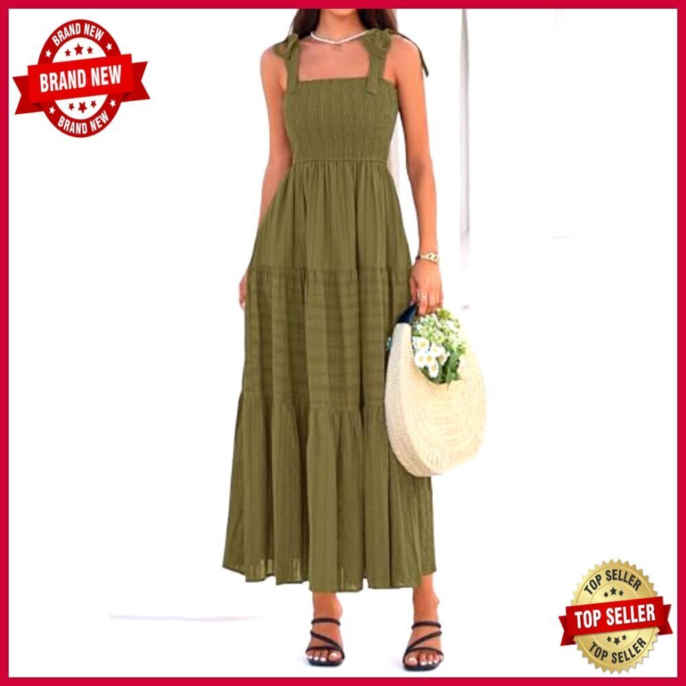Boho Maxi Dress Sleeveless Smocked A-Line Casual Sundress with Pockets - Picture 2 of 7